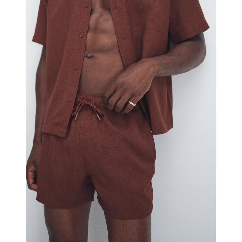 ASOS DESIGN co-ord swim shorts in linen look short length in brown