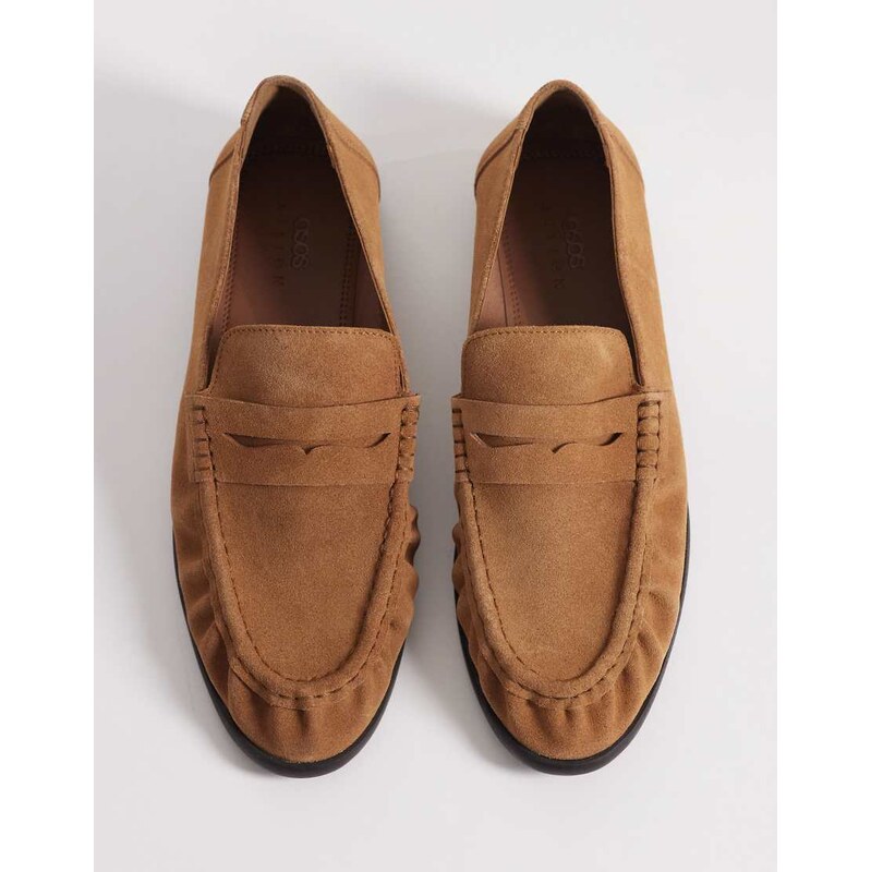 ASOS DESIGN penny loafer with ruching in tan suede-Brown