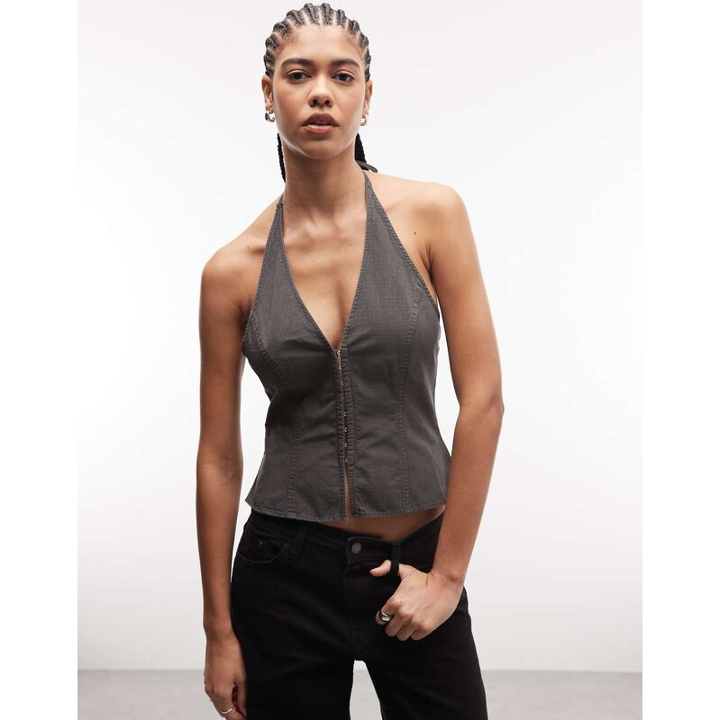 Weekday halterneck hook and eye top in dark grey