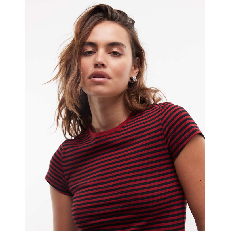Weekday 90s baby tee in black and cherry stripe-Red