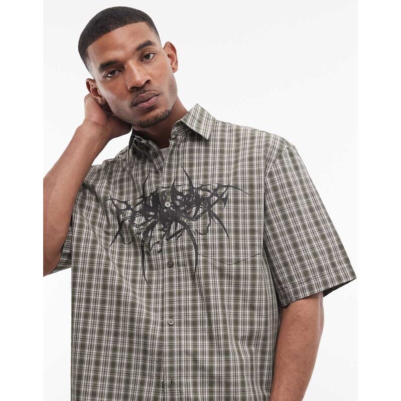 Weekday Franco short sleeve graphic shirt in green check