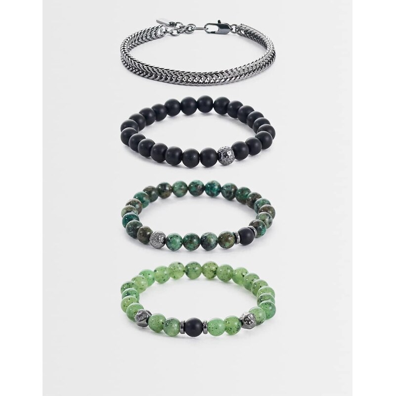 ASOS DESIGN 4 pack aquatic agate semi-precious bead and chain bracelet 115468524