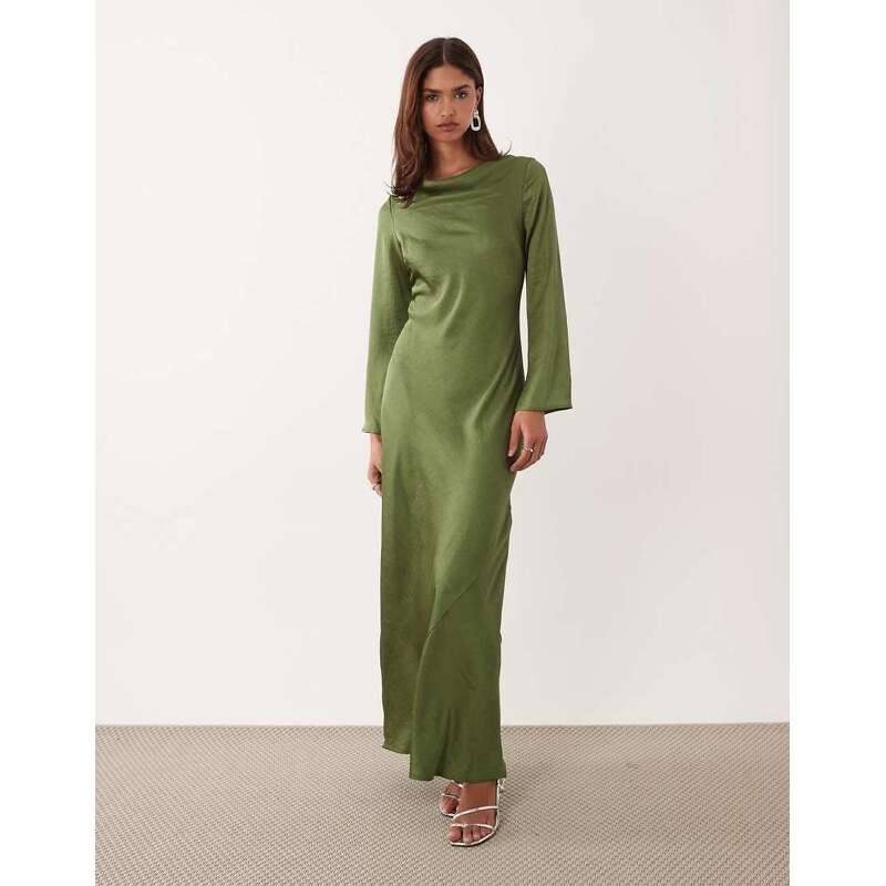 TFNC satin flared long sleeve maxi dress in olive-Pink 115522522