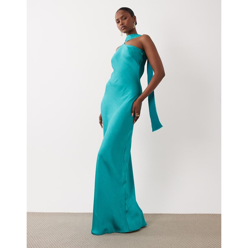 TFNC satin one shoulder maxi dress with scarf in aqua-Blue 115491619