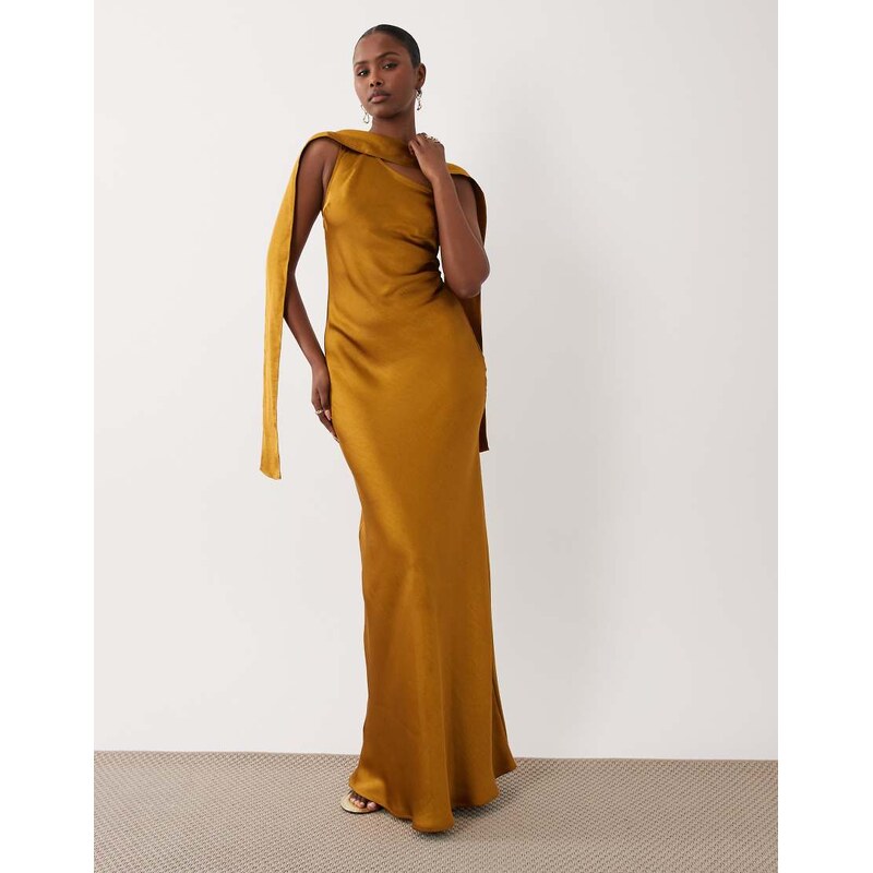 TFNC satin one shoulder maxi dress with scarf in bronze-Brown 115522529