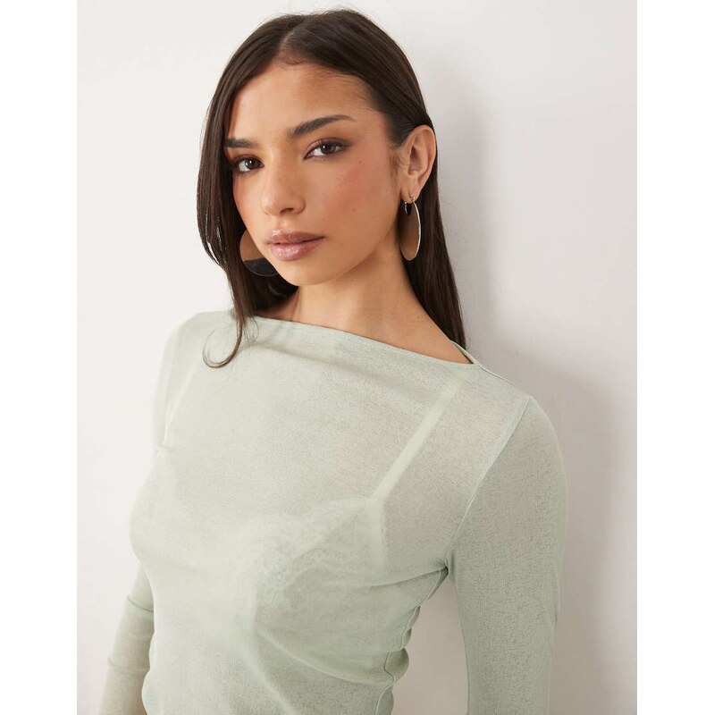 ASOS DESIGN sheer long sleeve top with asymmetric hem in sage