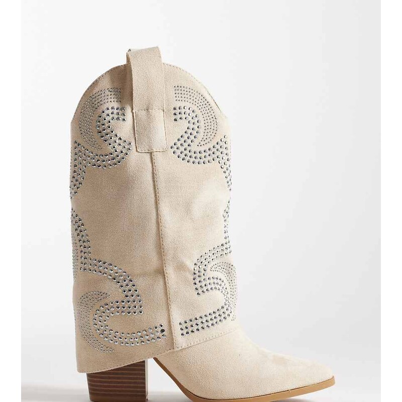 SEQWL Wide Fit Embelished Western Knee Boots in cream micro