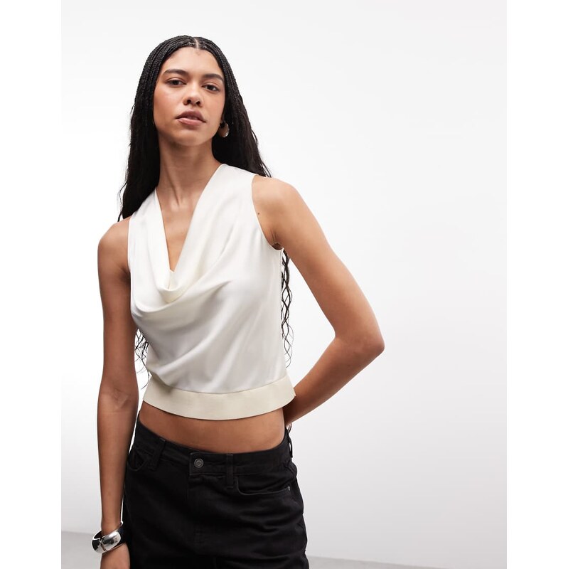 AllSaints Zoey sleeveless cowl neck knitted top in off white