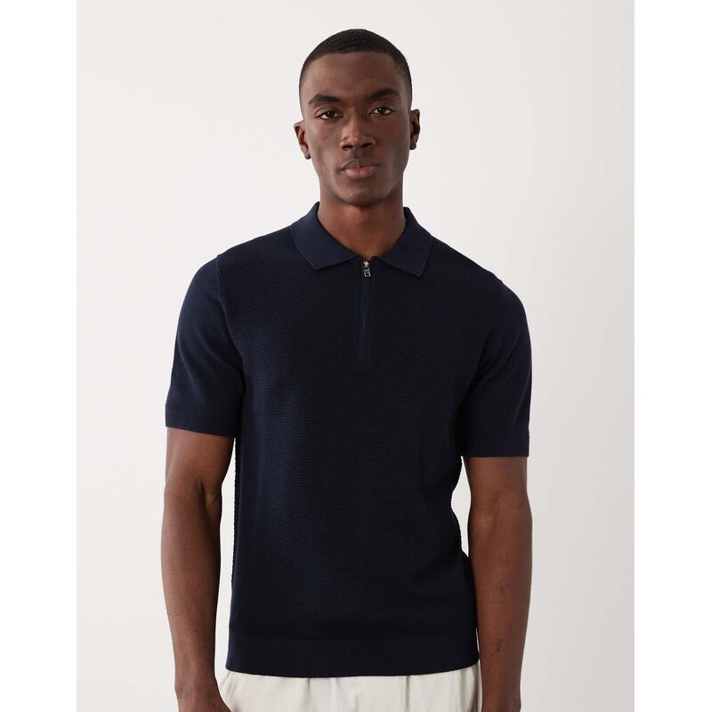 Mango 100% cotton waffle knit quarter zip t-shirt in navy
