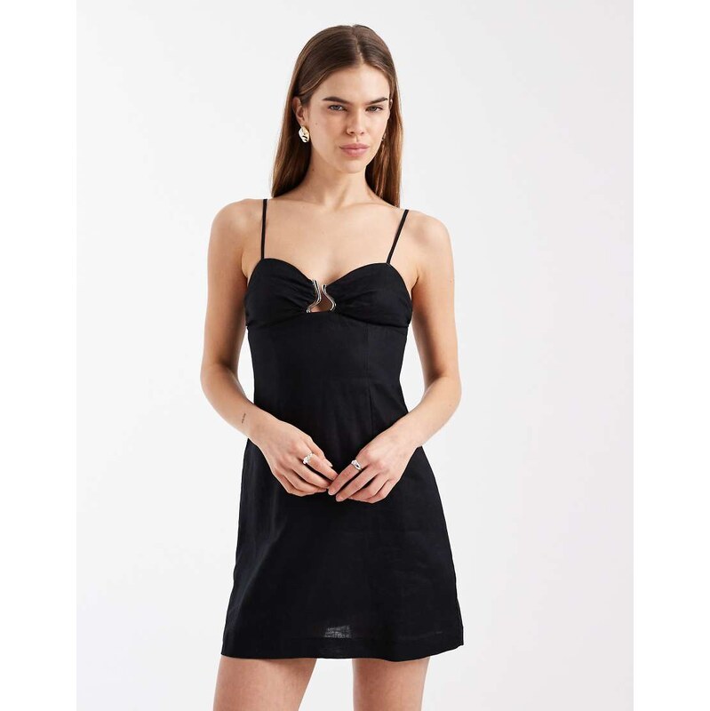 Cotton On ruched bust linen mini dress in black