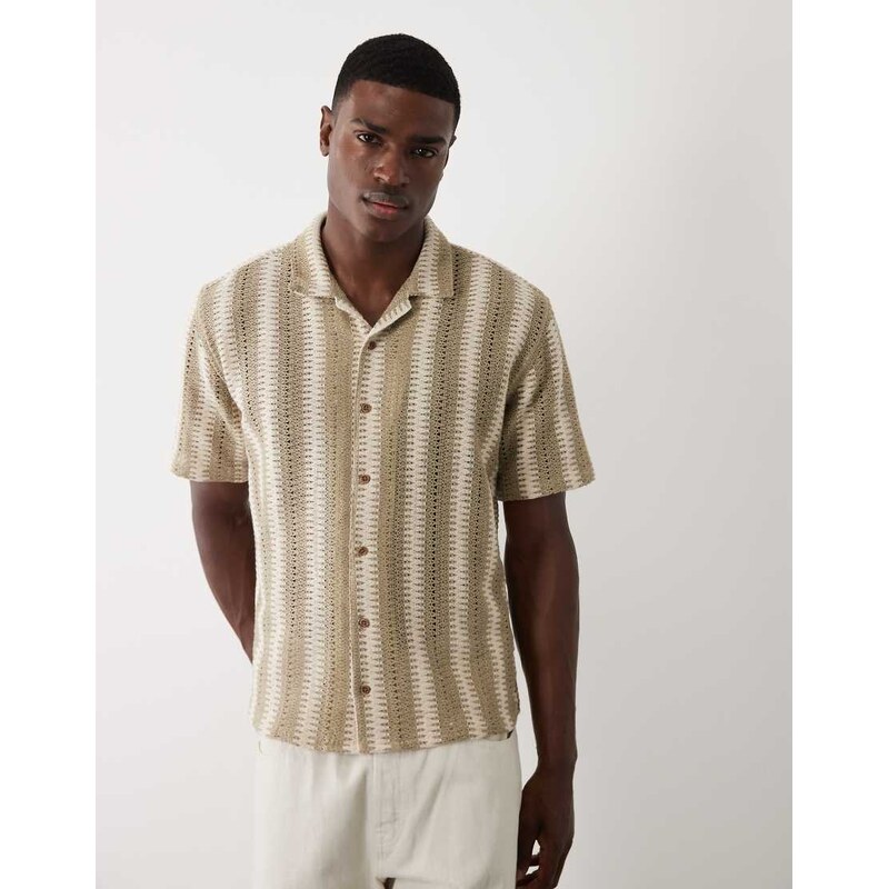 Threadbare cotton mix textured short sleeve shirt in stone and