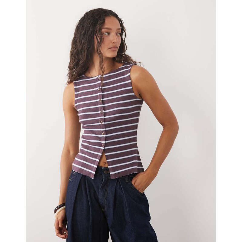 Brave Soul button down vest in burgundy and blue stripe-Red 115485149