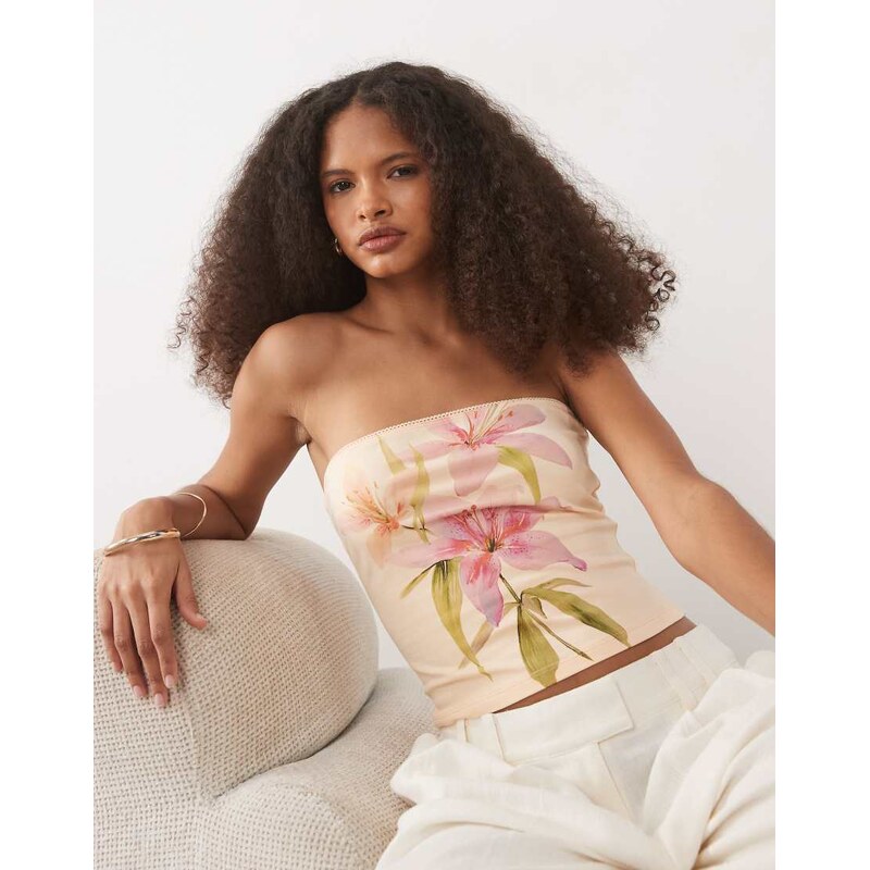 Miss Selfridge bandeau tube top with flower print in peach