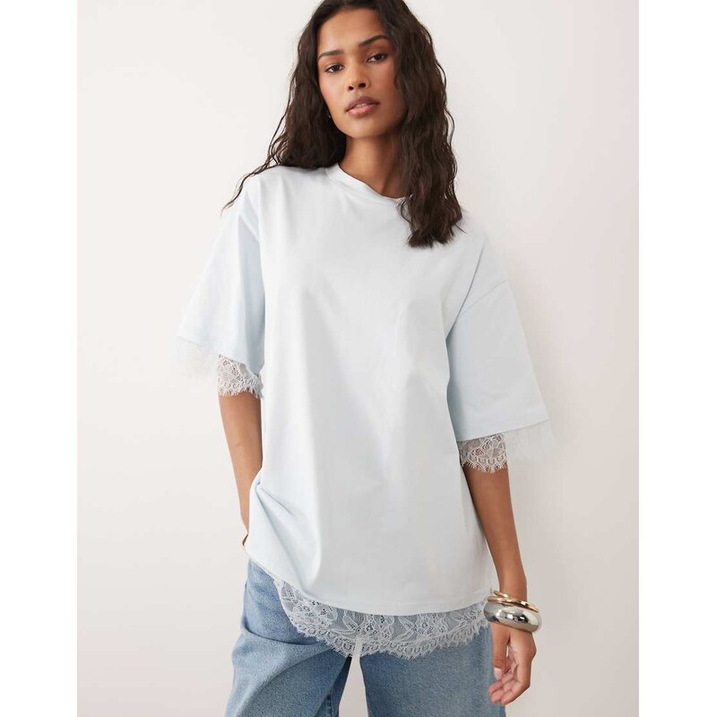 ASOS DESIGN oversized t-shirt with lace hem in light blue