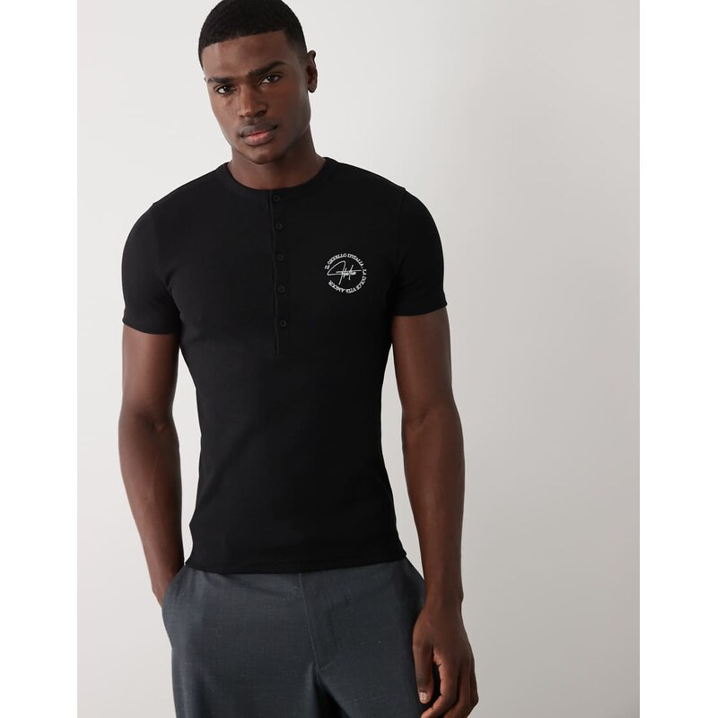 ASOS DESIGN muscle henley t-shirt with chest graphic in black