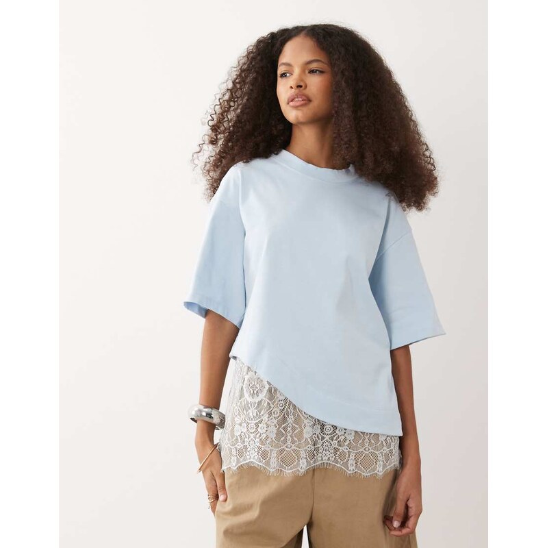 ASOS DESIGN short sleeve t-shirt with lace hem in light blue