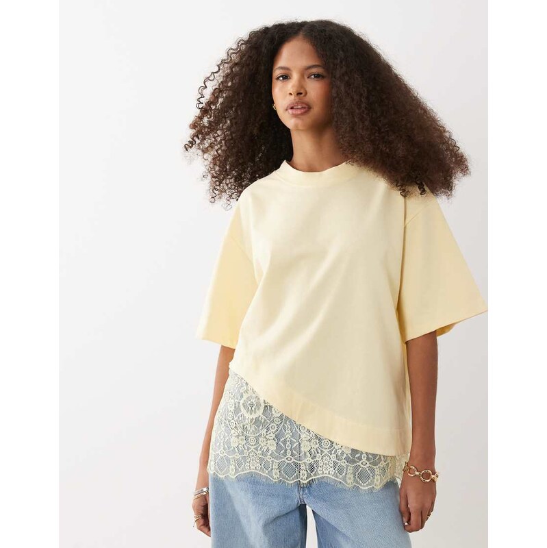 ASOS DESIGN short sleeve t-shirt with lace hem in butter yellow