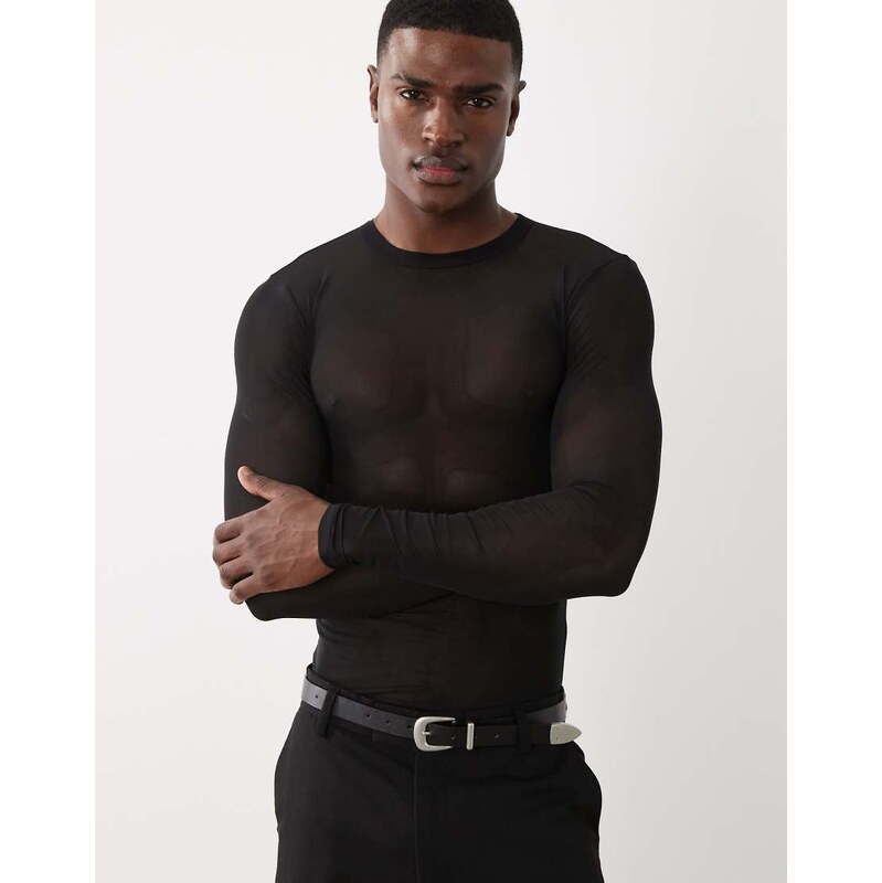 ASOS DESIGN muscle fit long sleeve t-shirt in black mesh