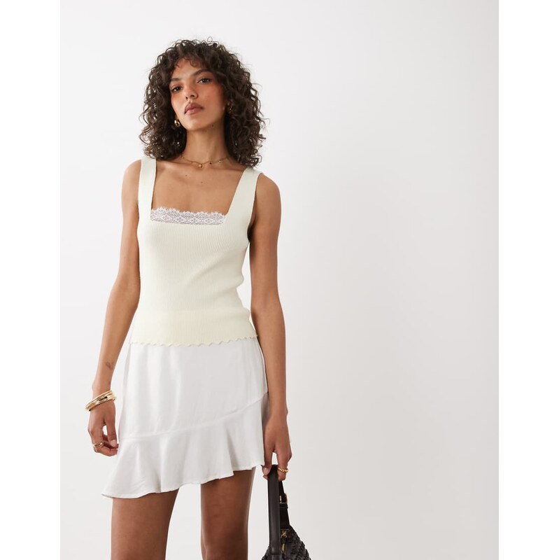 Miss Selfridge ribbed knit sleeveless vest with lace trim-Yellow 115485207