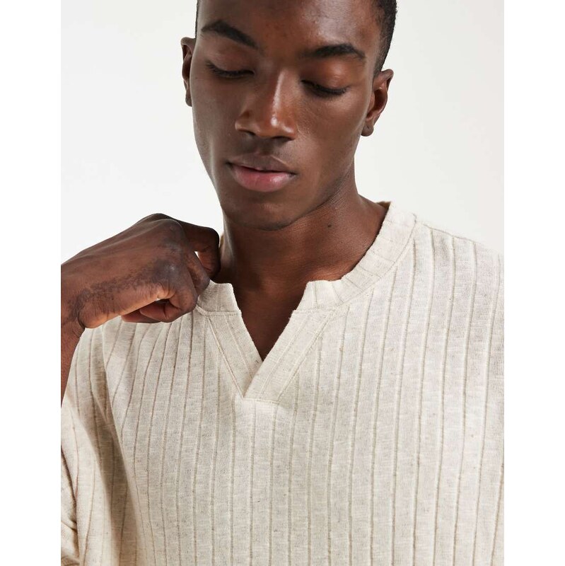 ASOS DESIGN relaxed t-shirt with notch neck in beige linen look