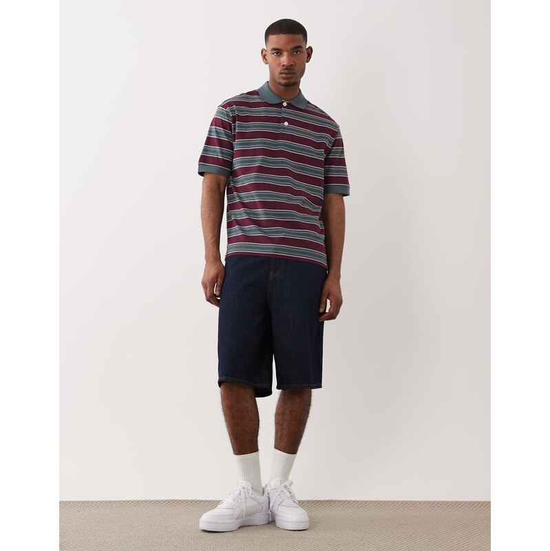 ARKET short sleeve polo shirt in burgundy and blue stripe-Multi