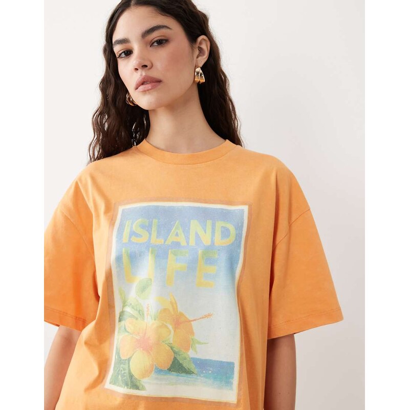Miss Selfridge oversized t-shirt with island print in orange