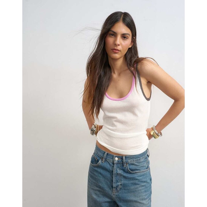Topshop knitted contrast trim sheer vest top in white-Multi