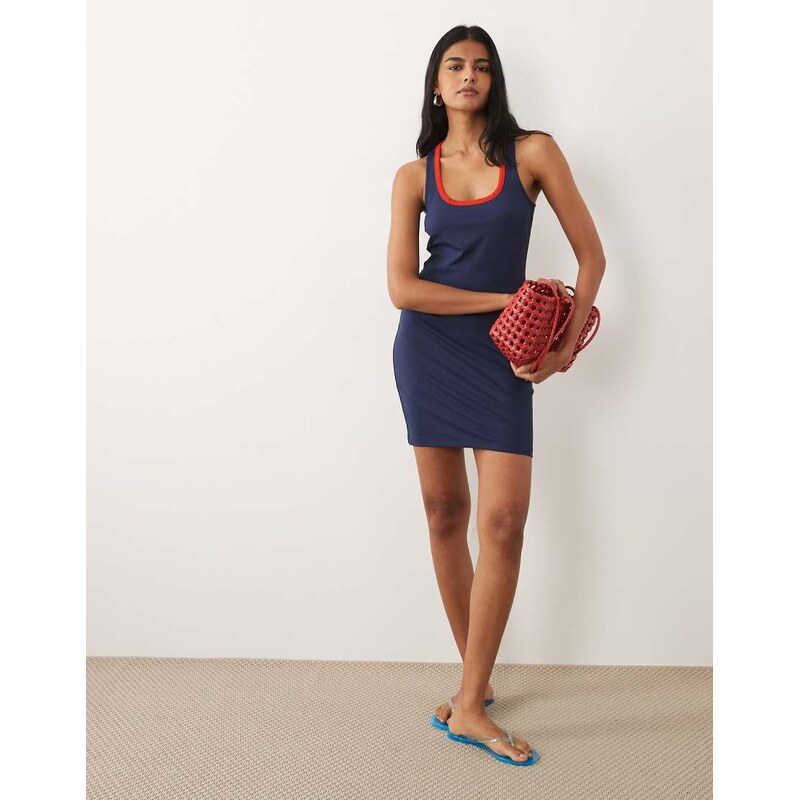 ASOS DESIGN polyamide contrast red trim racer mini dress in navy