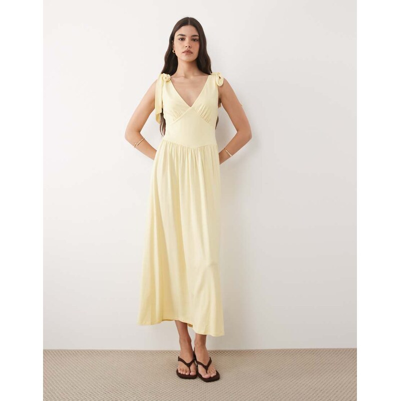 Nobodys Child Addison viscose bow detail v-neck midi dress in yellow 115487442