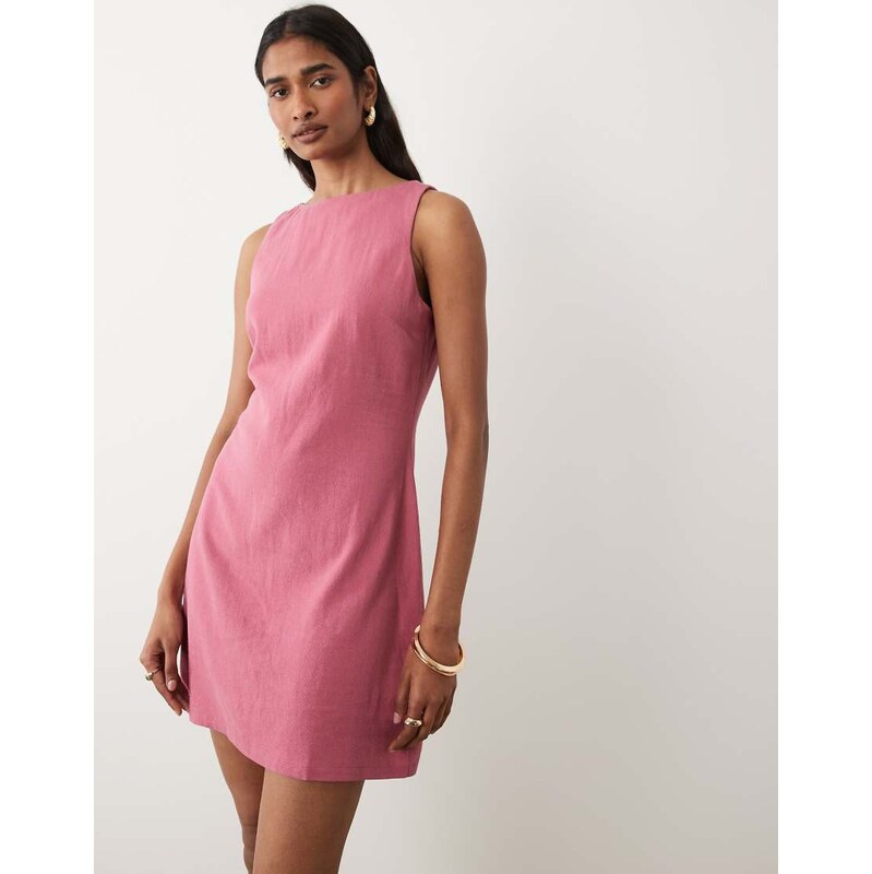 Miss Selfridge linen look shift dress in raspberry-Pink