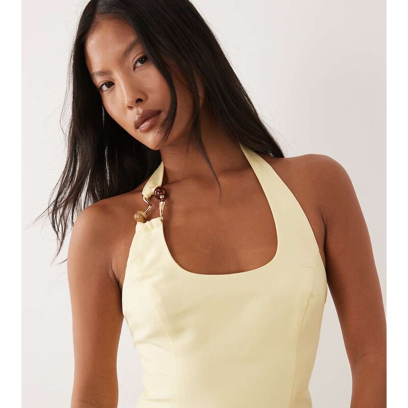 Forever New Petite linen mix halter neck mini dress with hardware 115546843