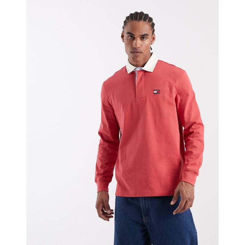 Tommy Jeans badge logo relaxed fit rugby shirt in red