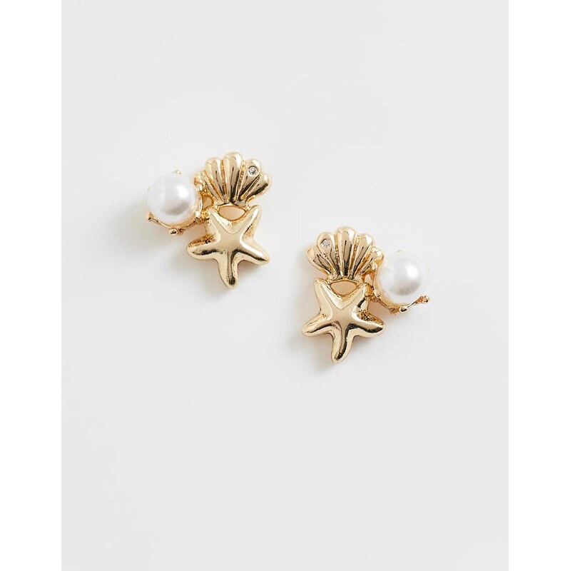 Reclaimed Vintage seashell stud earring with pearl-Gold