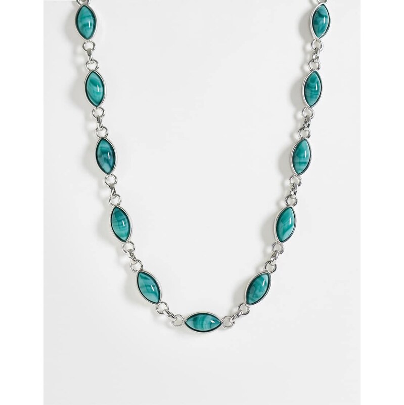 Reclaimed Vintage unisex faux moss agate chain link necklace in silver 115532183