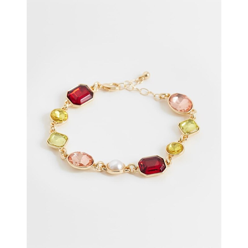 Reclaimed Vintage unisex gem stone bracelet with pearl detail in gold 115535840