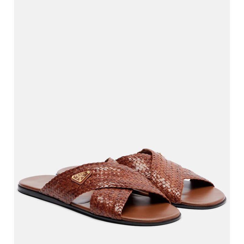 Dámské pantofle Prada Woven leather slides v odstínu Cognac