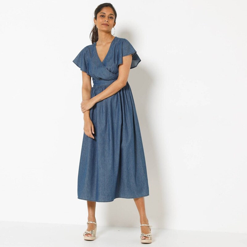 Blancheporte Volánové šaty s překřížením, lehký denim modrá 115490526