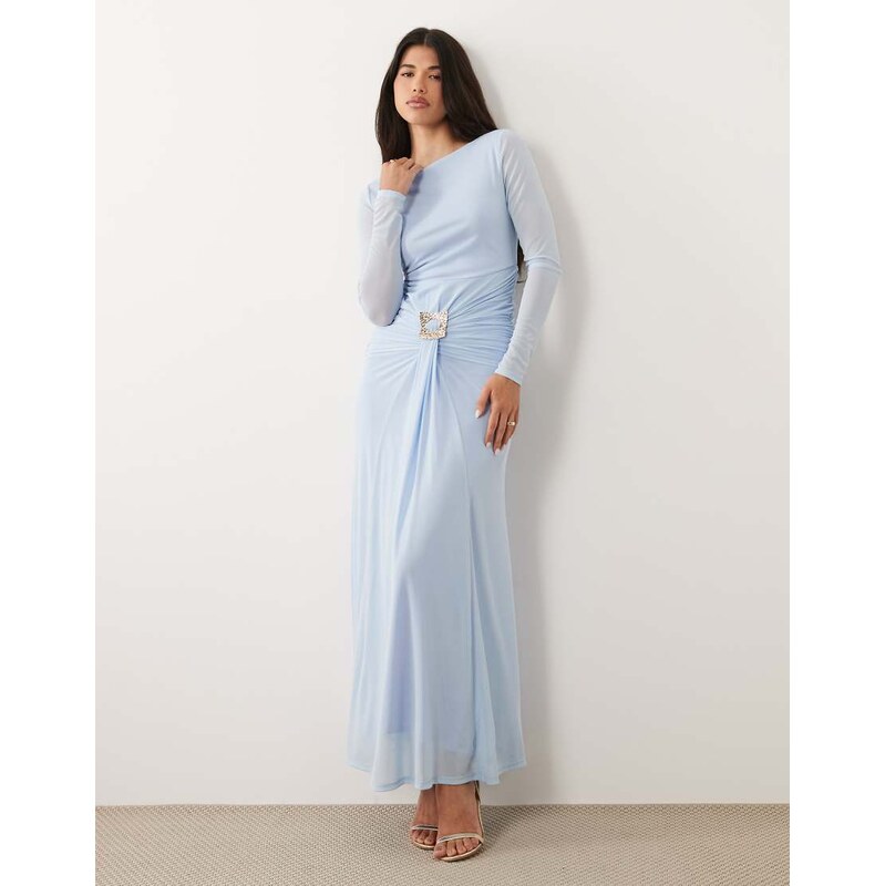 Daska slash neck tie front trim detail maxi dress in sky blue-White 115522896