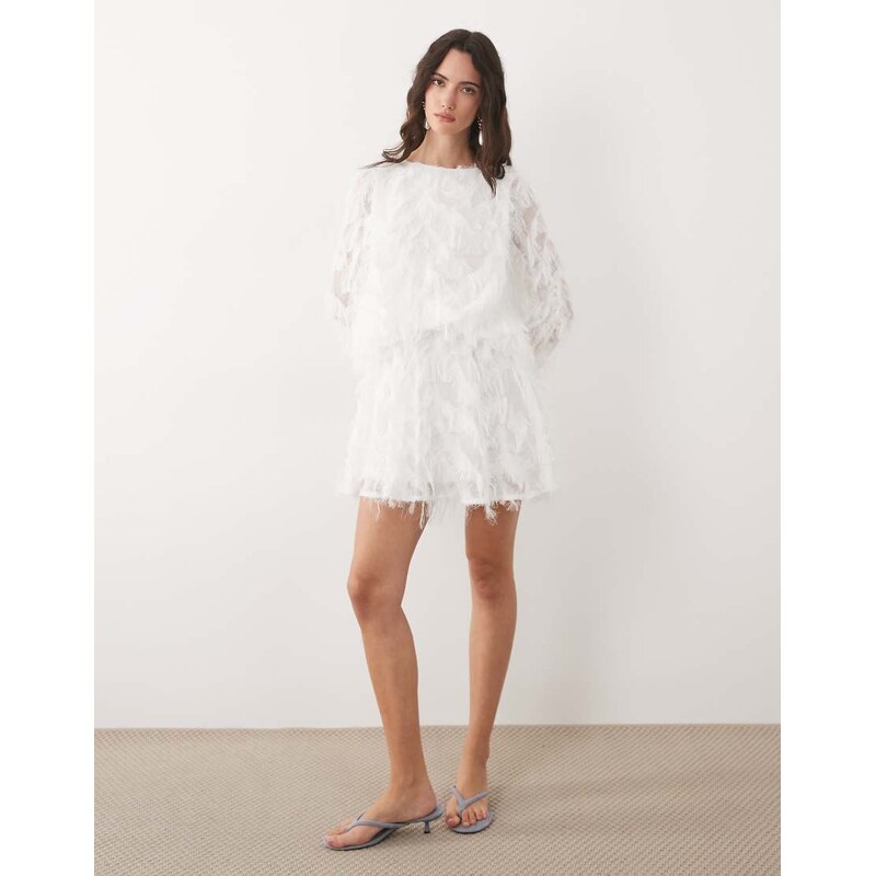 TFNC faux feather bell sleeve babydoll mini dress in white-Blue 115521442