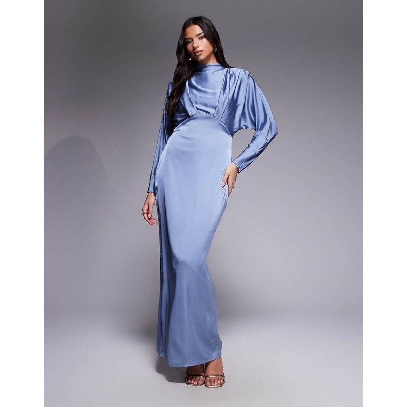 TFNC satin high neck tuck detail maxi dress in dusty blue 115521906