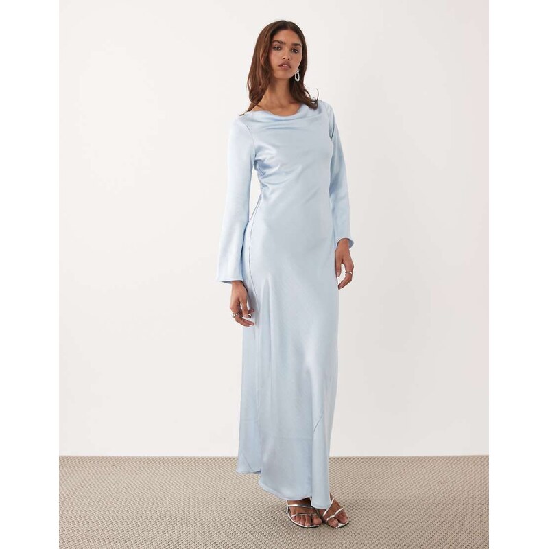 TFNC satin flared long sleeve maxi dress in light blue-Green