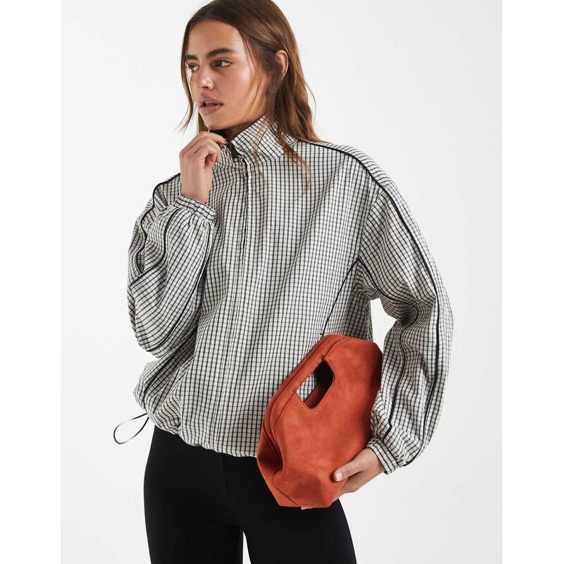 ASOS DESIGN oversized track jacket in cream check-White