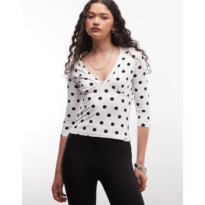 COLLUSION deep v 3/4 sleeve top in polka dot-White 115500710