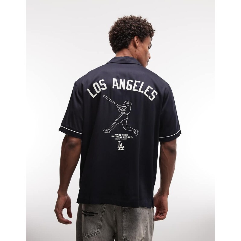 New Era LA Dodgers logo revere collar shirt in navy