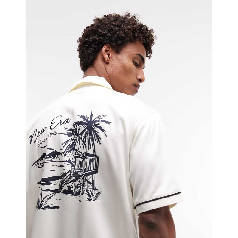 New Era graphic logo short sleeve revere shirt in off white