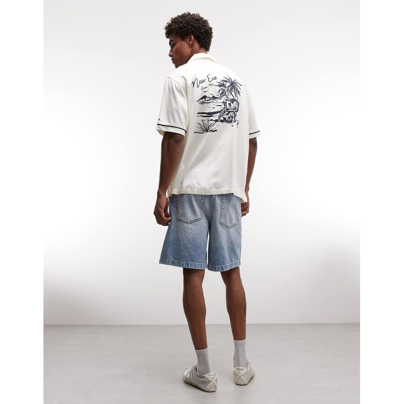 New Era graphic logo short sleeve revere shirt in off white