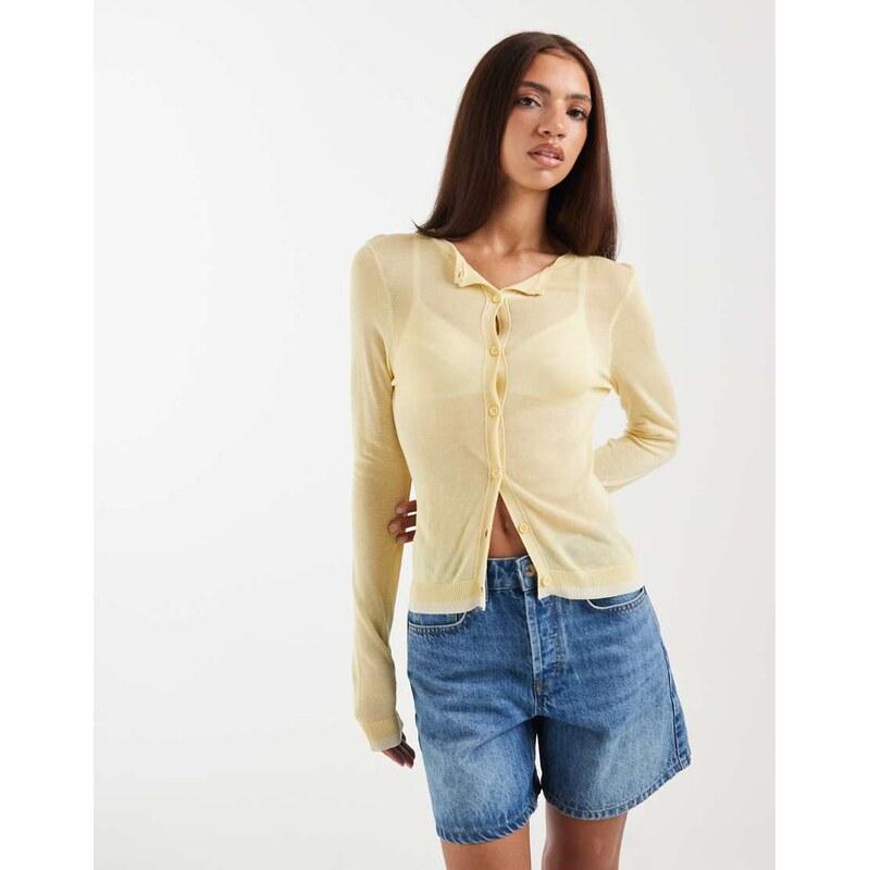 ASOS DESIGN fine knit sheer cardigan in buttermilk-Yellow