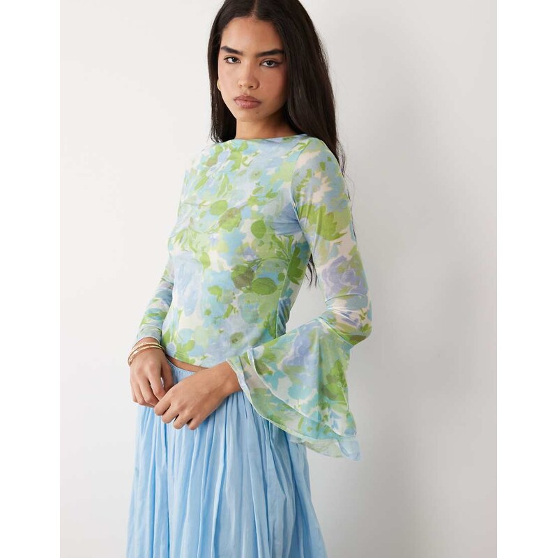 ASOS DESIGN mesh slinky long sleeve top with flare sleeve detail