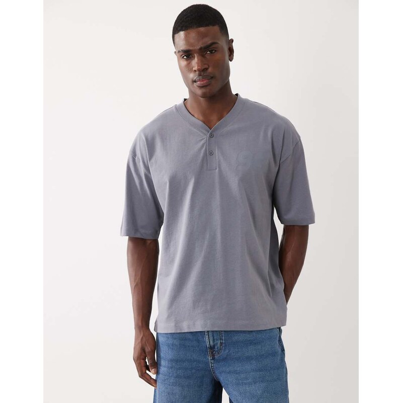 ASOS DESIGN heavyweight oversized Henley t-shirt with 98 graphic
