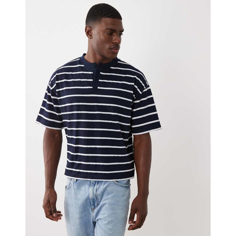 ASOS DESIGN boxy oversized Henley t-shirt in navy stripe-Multi